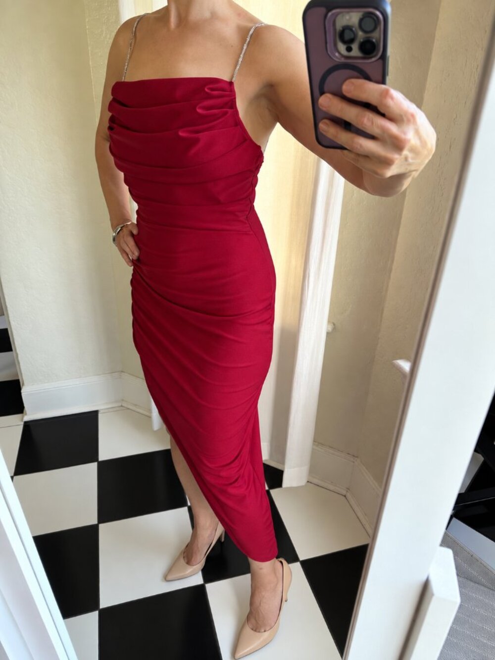 Burgundy Rhinestone Strap Ruched Bodycon Midi Dress S-M Asymmetrical Hem